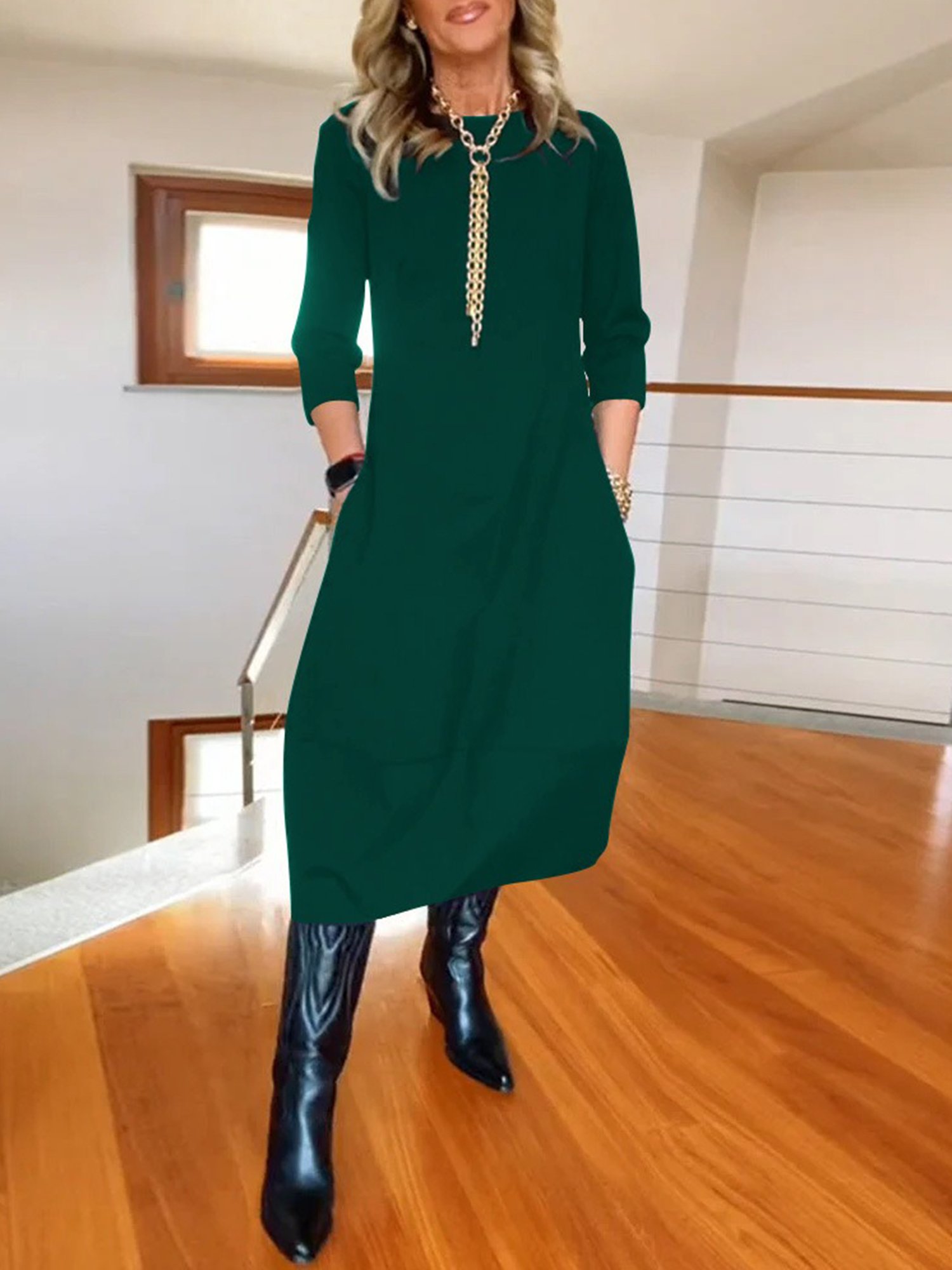 Casual Plain Crew Neck Midi Dress