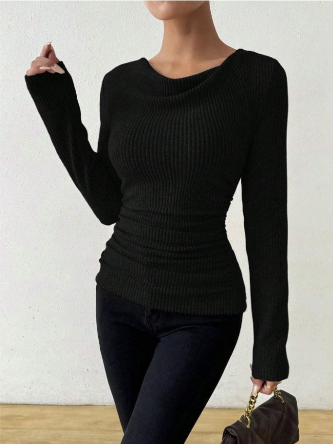 Women Plain Crew Neck Casual Long Sleeve T-shirt