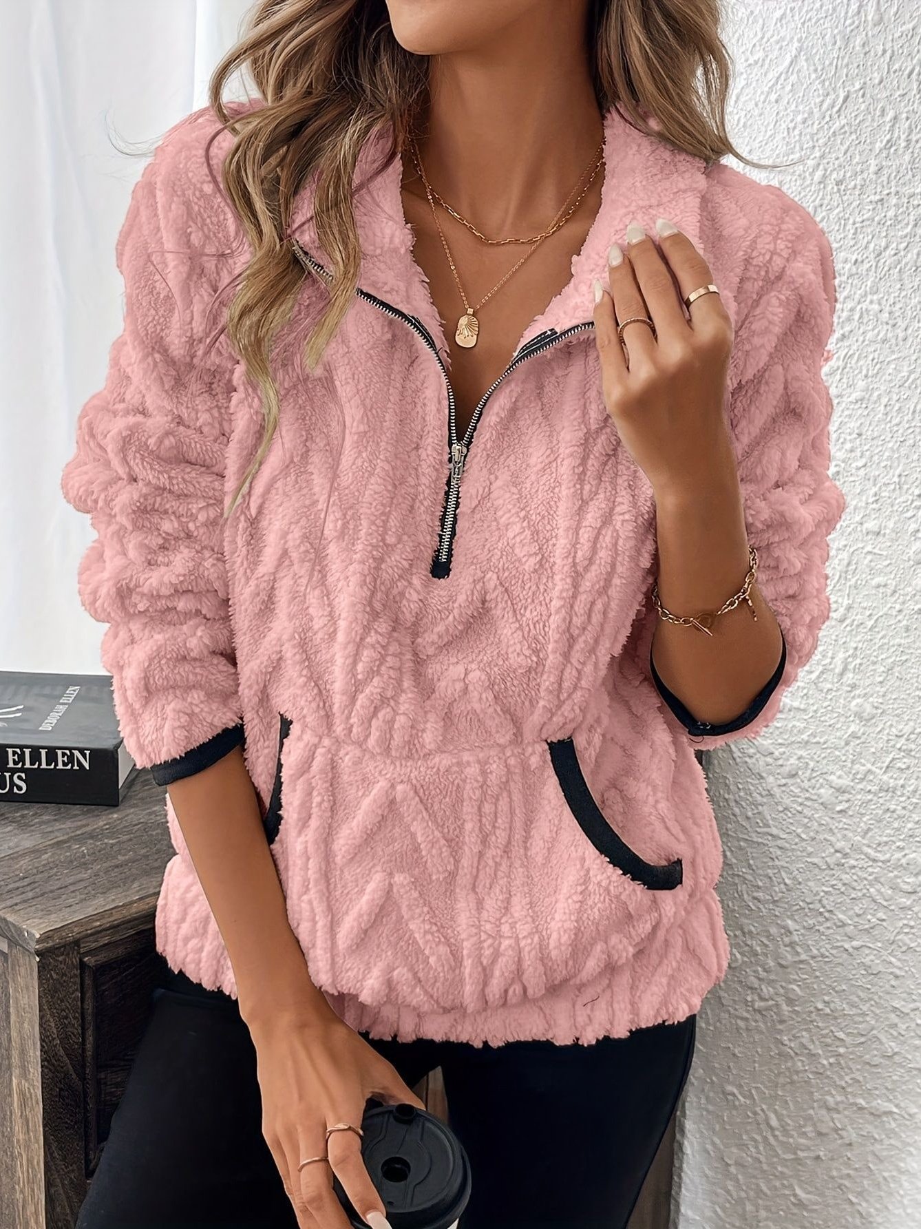 Plain Lady Romance Loose Stand Collar Sweatshirt