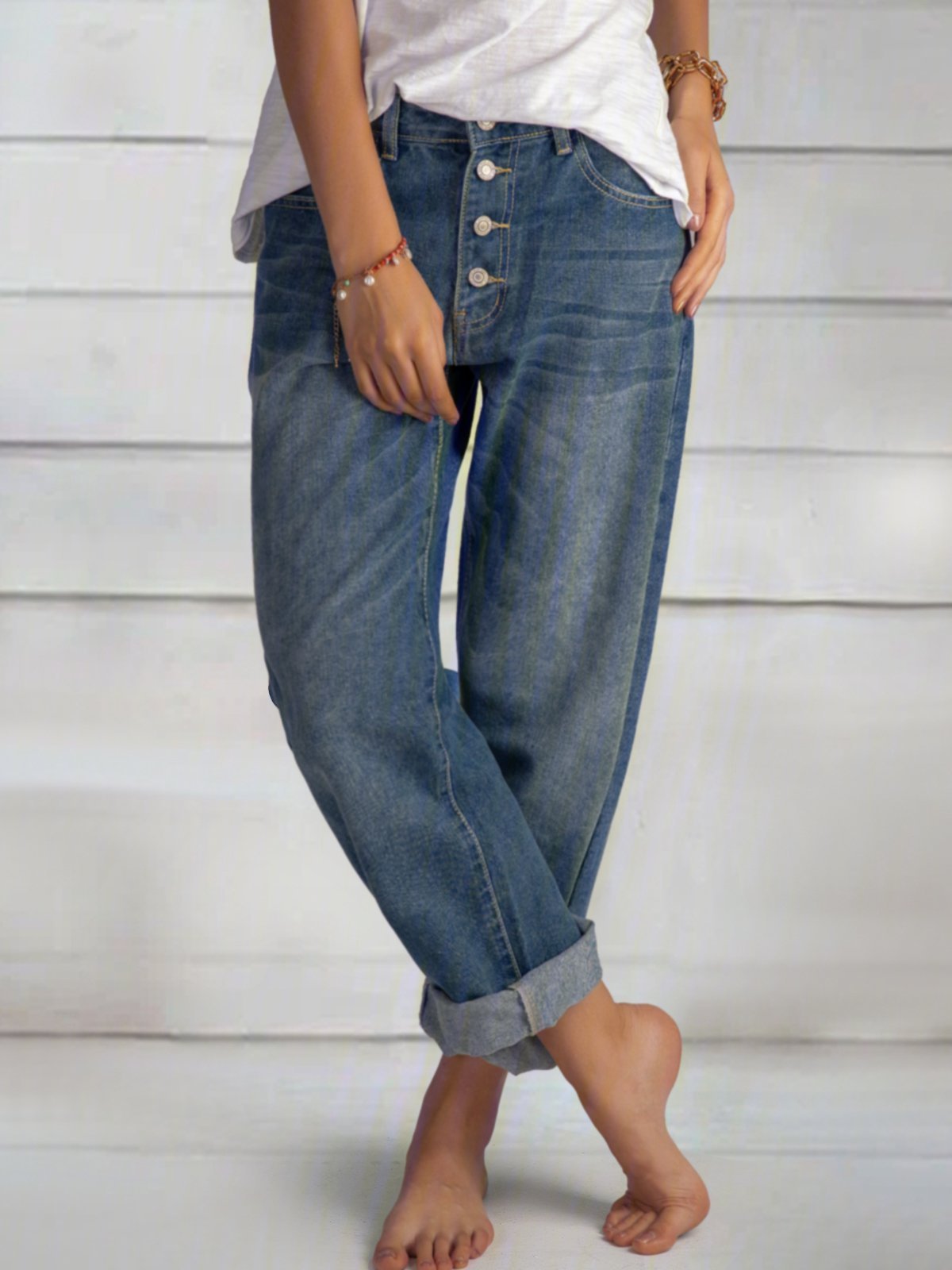 Women Casual Pockets Buttoned Jeans Blue Denim Pants