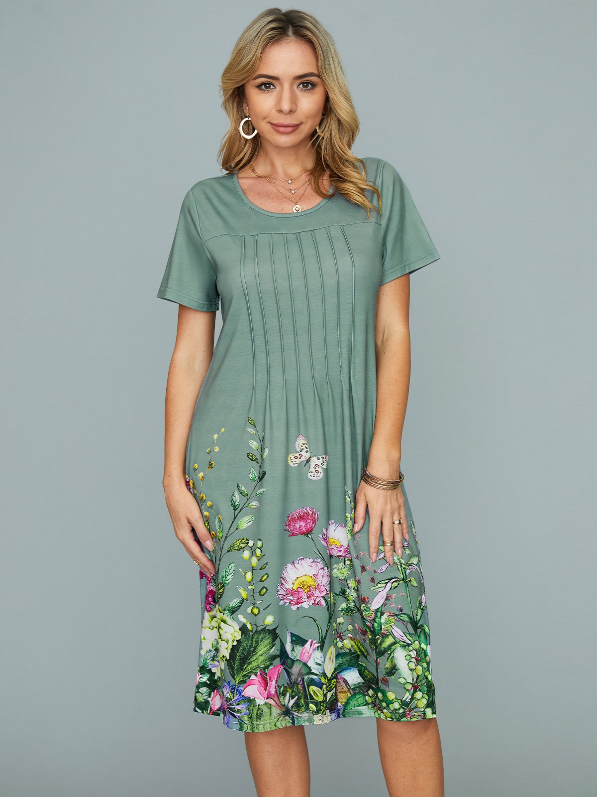 Women Vacation Crew Neck Pockets Floral Short Sleeve Casual Midi Dress