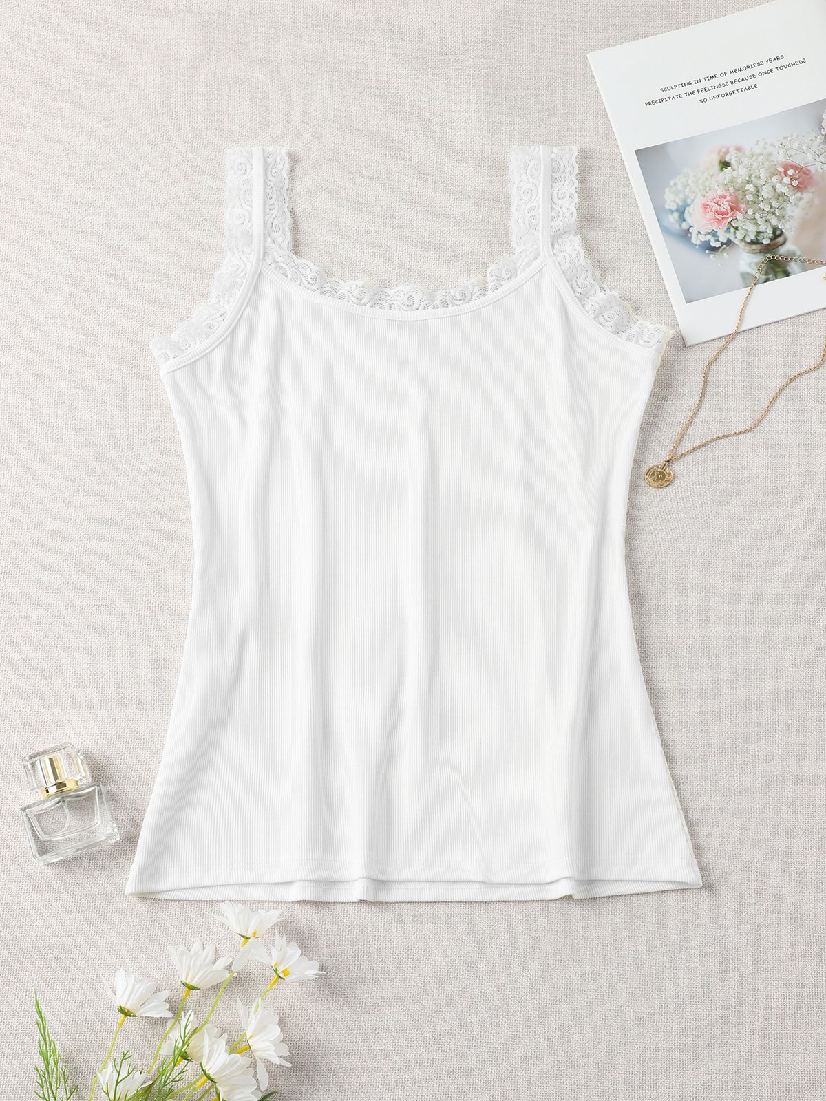 Square Neck Solid Cotton-Blend Sexy Tank & Cami Top