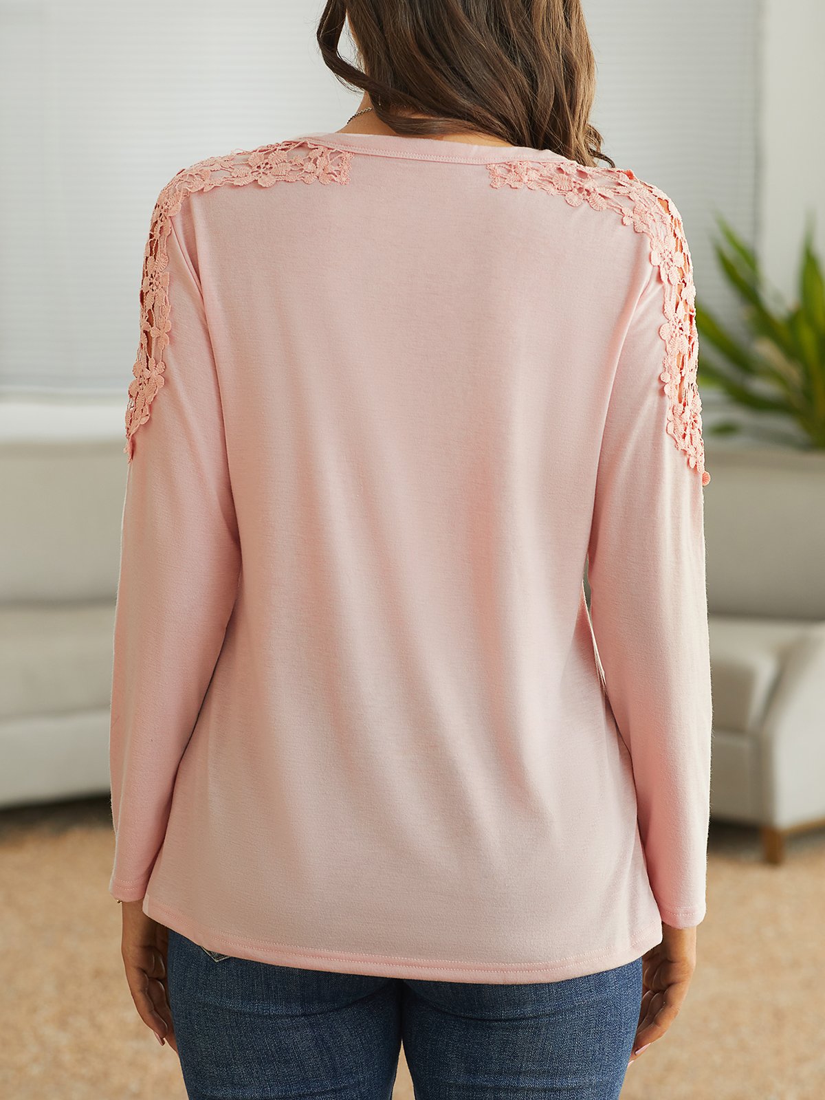 Women Plain Hollow Out Lace Crew Neck Long Sleeve Top