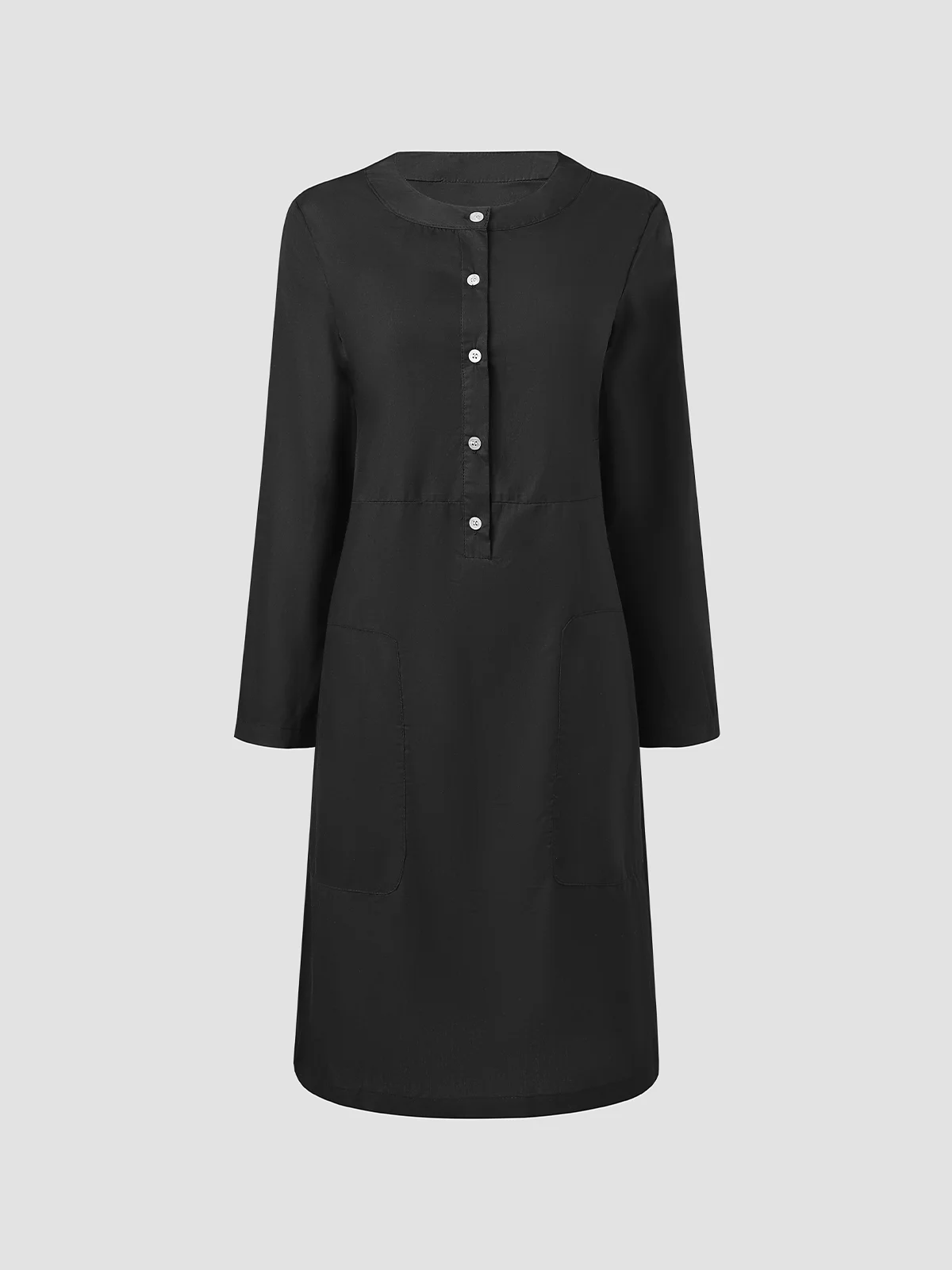 Women Plain Casual Buttoned Down Pockets Three Quarter Sleeve Linen Dress