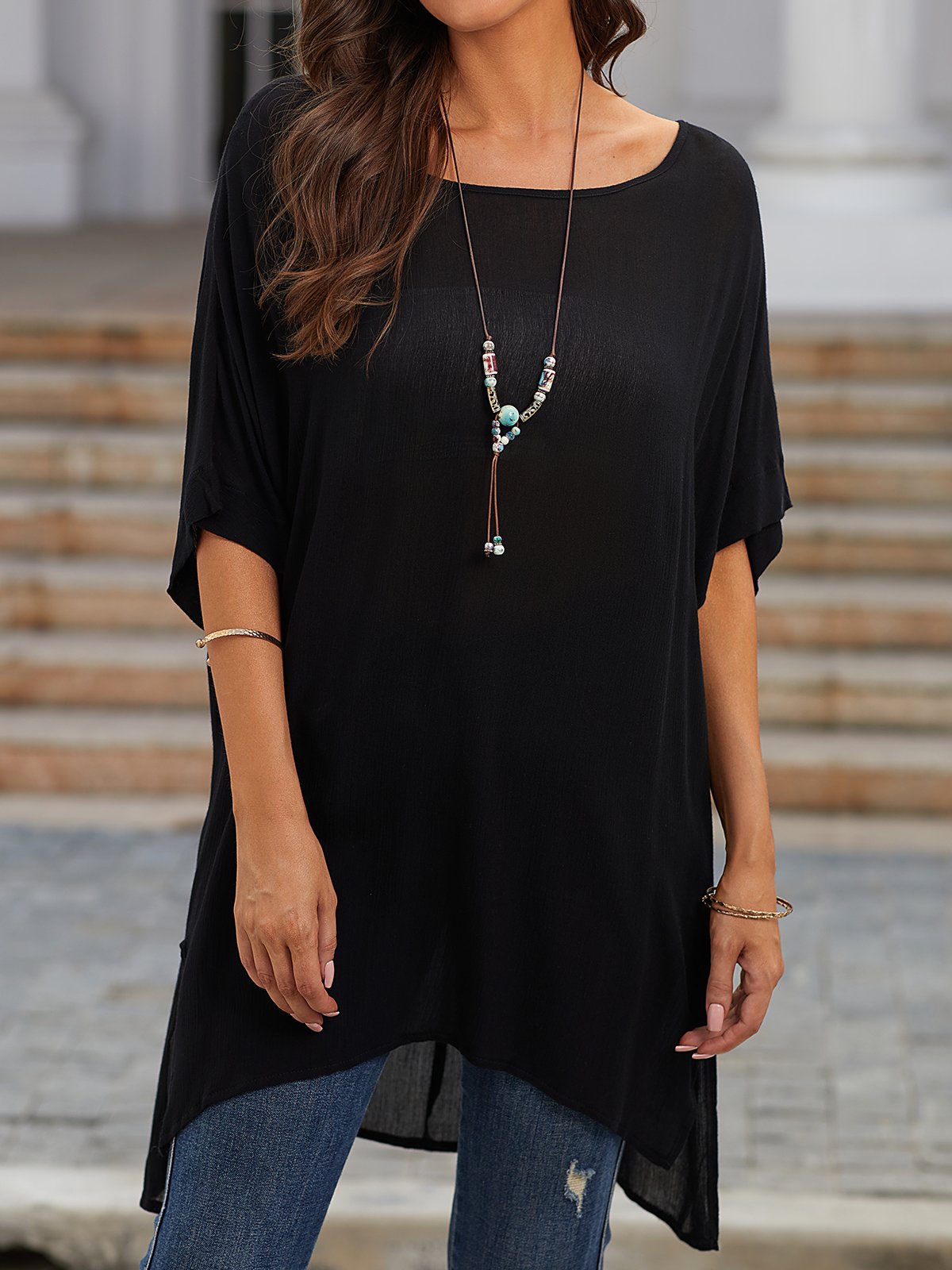 Summer Loose Solid Casual Short Sleeve Cotton and Linen Tunic Top