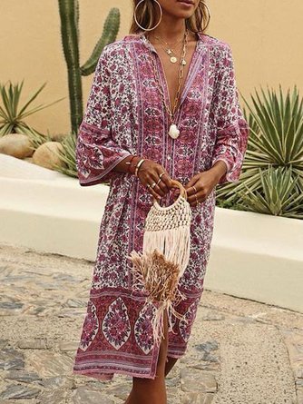 Women Boho V Neck V Neck Three Quarter Sleeve Loose Ethnic Vacation Dress