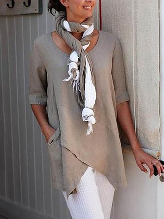 Women Solid Asymmetrical Hem Pockets Half Sleeve Casual Plus Size Cotton Linen Tunic Top