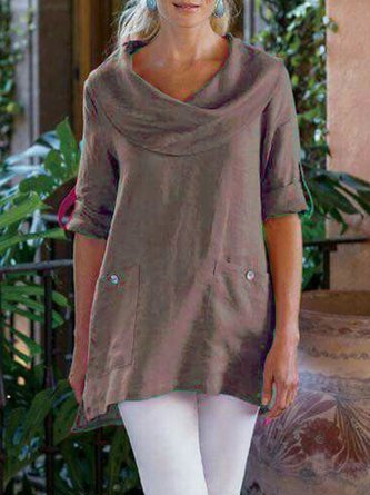 Women Pockets Solid Cowl Neck Casual Top