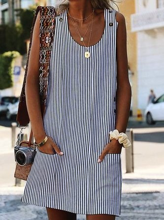Women Plus Size Crew Neck Shift Boho Pockets Striped Sleeveless Tank Dress