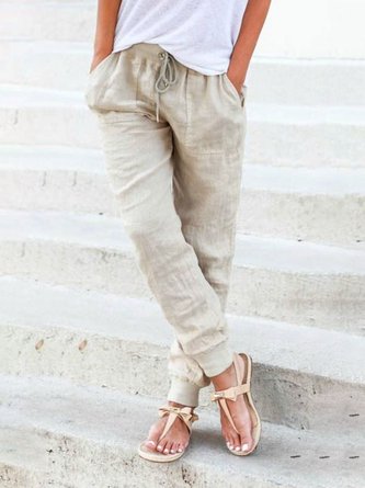 Women Drawstring Wasit Plus Size Solid Shift Casual Pockets Linen Jogger Pants