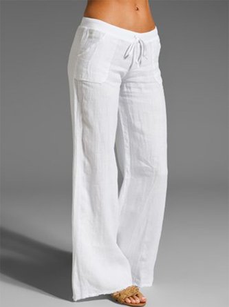 Women Solid Basic Drawstring Waist Linen Cotton Wide Leg Pants With Pockets