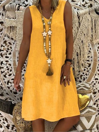 Women Plain Casual Loose V Neck Sleeveless Tank Dress