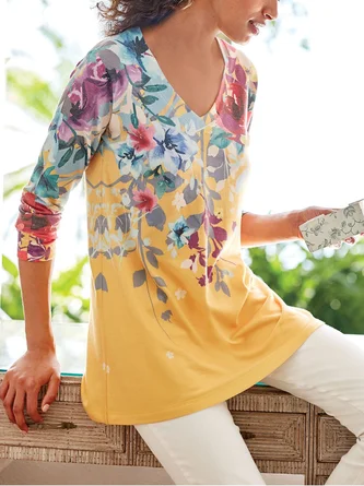 V Neck Casual Printed Blouse