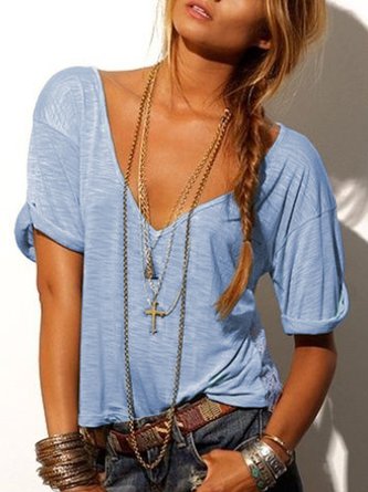 Casual Solid V Neck Top