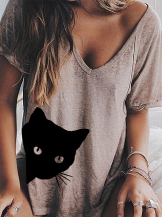 Summer Cat Printed V neck Loose T Shirt Top