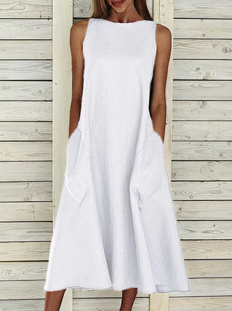 Women Casual Plain Sleeveless Crew Neck Pockets Cotton and Linen Summer Midi Tank Dress