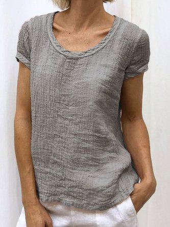 Women Casual Plain Crew Neck Cotton Short Sleeve Linen Top