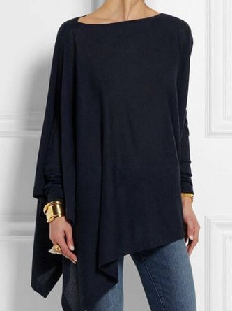 Women Solid High Low Round Neck Long Sleeve Shift Blouse&Shirt
