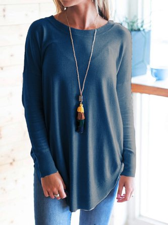 Knitted Solid Long Sleeve Blouse & Shirt