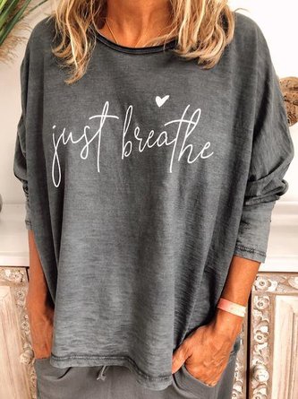Letter Casual Long Sleeve Cotton-Blend Top