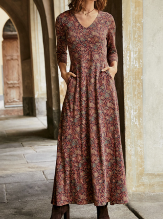Casual Floral V Neck Long Sleeve  Dress