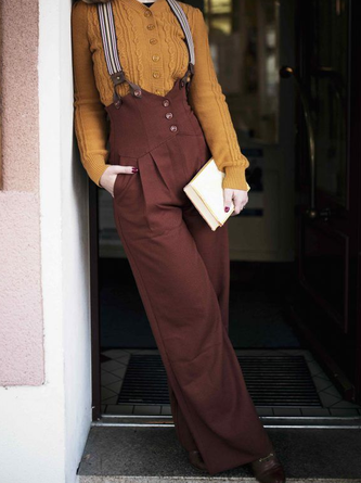 Wine Red Vintage Paneled Plain Cotton-Blend Pants