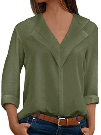 Women Loose Solid V neck Long Sleeve Blouse