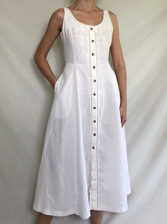 Women Caftan Pockets Buttoned Shift Linen Weaving Dress