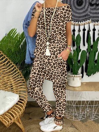 Women Jumpsuits Casual Cotton Pockets Summer Leopard Jumpsuits