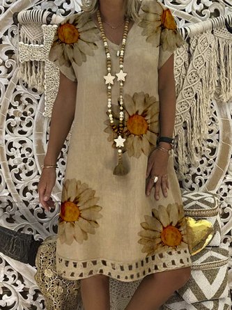 Khaki Cotton Printed V Neck Casual Dress