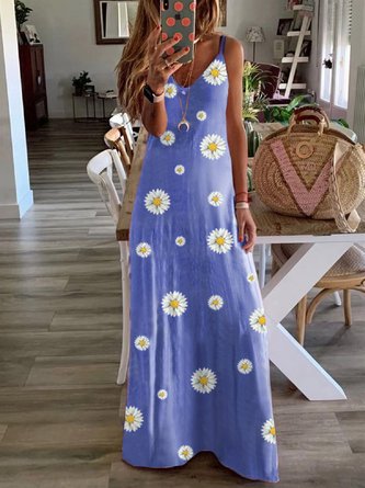 Pure cotton V-neck sling small daisy print elegant long dress