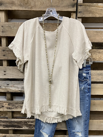 Khaki Casual Plain Linen T-shirt