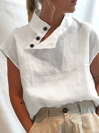Women Casual Half Open Collar Button Loose Short Sleeve Cotton Linen T-Shirt