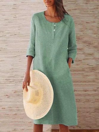Solid Pockets Midi Dress 3/4 Sleeve Women Dress
