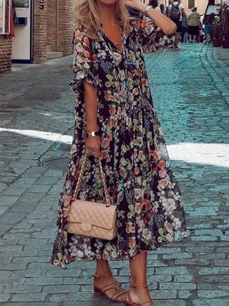 Women Vacation Loose Floral V Neck Short Sleeve Summer Dress