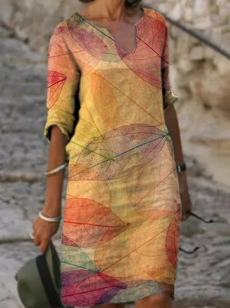Yellow Casual V Neck Leaves Dress