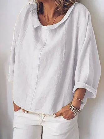 Women White Lightweight Shawl Collar 3/4 Sleeve Blouse