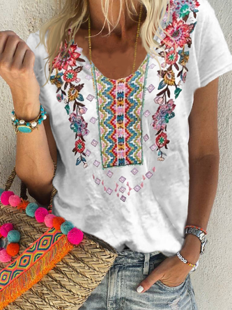 Women Casual Holiday Vintage Crew Neck Floral Short Sleeve Summer T-shirt