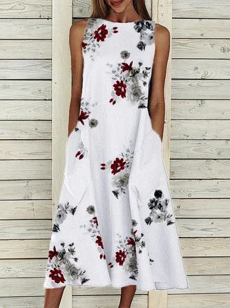Women Summer Madi Pockets Sleeveless Crew Neck Floral Tank Dress