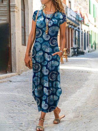 Summer Leisure Conch Print Crew Neck Short Sleeve Knitting Dress
