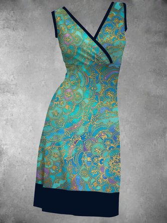 Summer Leisure Vacation Paisley Print Contrast Color  Holiday V Neck Knitting Dress