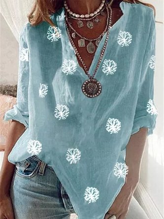 Women Vintage Dandelion Floral  V Neck Daily Short Sleeve Blouse