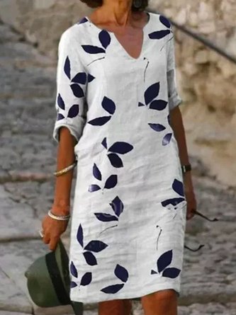 Women Leaf Casual V Neck Vacation Short Sleeve Linen Dress