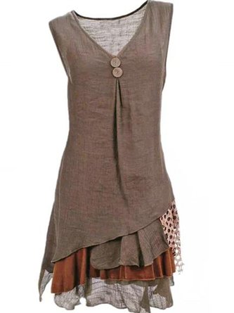 Casual Sleeveless with Button Cotton-Blend Dresses