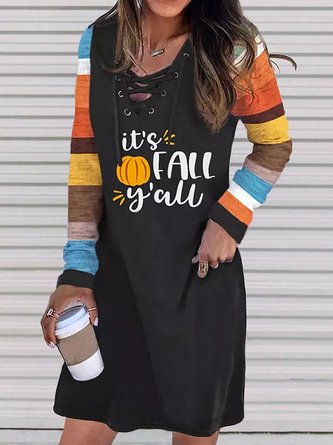 It's Fall Y'all Pumpkin Color Block Striped V neck Casual Mini Knitting Dress