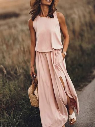 Sleeveless Holiday Solid Pockets Round Neck Long Women Dress