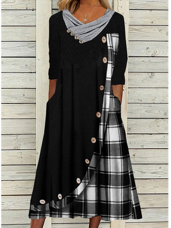 Casual Grid with Buttons Cowl Neck Loosen Dress