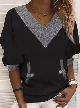 V Neck Casual Simple Long Sleeve Loosen Sweatshirt