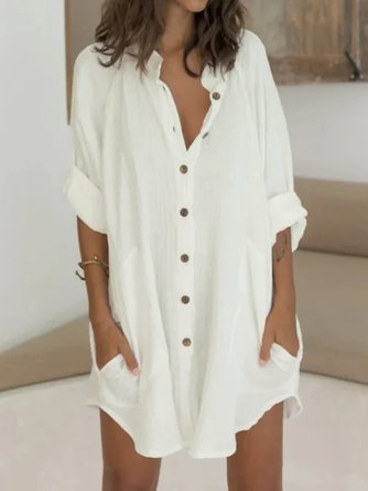 Women Shirt Dress Long Sleeve Plain Button Shirt Collar Basic Daily Casual Loose White Linen Dress Mini Dress 