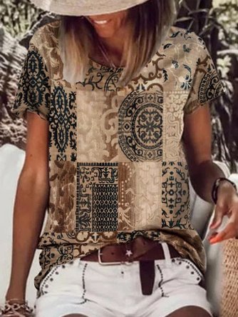 Tribal Casual Cotton Blends Crew Neck Casual T-shirt